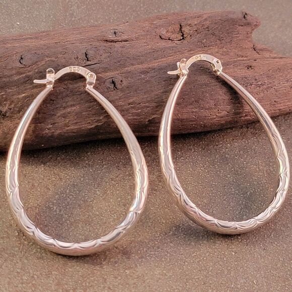 Sterling Scallop Textured Oval Hoop Earrings - Picture 3 of 7
